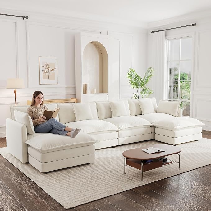 147" Modular Sectional Sofa, Oversized U Shaped Sectionals Cloud Couch, Big Comfy Couch with 2 Ottomans, 6 Seater Chenille Sectional Sofa with Deep Seat and 6 Pillows for Living Room- Beige