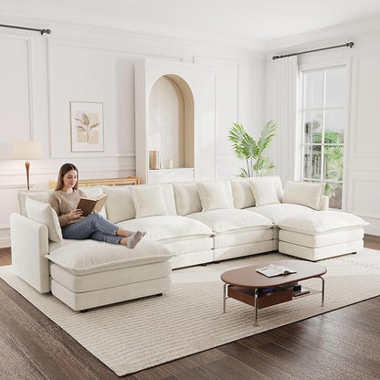 147" Modular Sectional Sofa, Oversized U Shaped Sectionals Cloud Couch, Big Comfy Couch with 2 Ottomans, 6 Seater Chenille Sectional Sofa with Deep Seat and 6 Pillows for Living Room- Beige