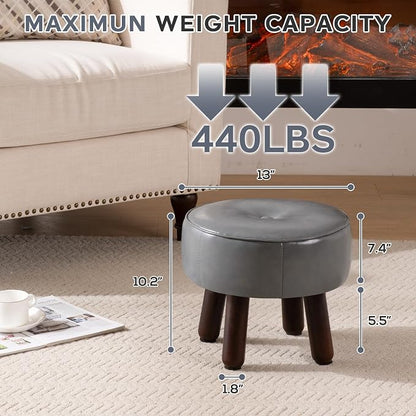 oakvivo Ottoman, Small Foot Stool, Round Leather Pouf Ottoman, 13''L x 13''W x 10.2''H Foot Rest with Non-Skid Rubber Legs for Living Room Bedroom Couch Entryway, Grey