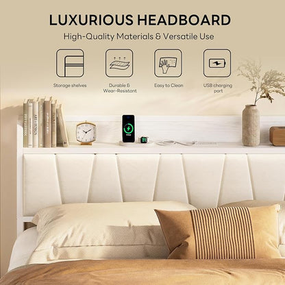 LIKIMIO California King Bed Frames, PU Leather Storage Headboard with Charging Station, Solid and Stable, Noise Free, No Box Spring Needed, Easy Assembly, White