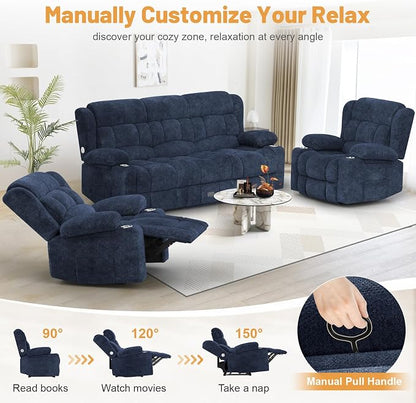 Dresegmt Loveseat Recliner Sofa Set, Flip Middle Backrest Design 3 Seater Reclining Sofa and 2PC Single Oversized Recliner Chair, Manual Couches for Living Room/RV (Blue, 3+1+1)