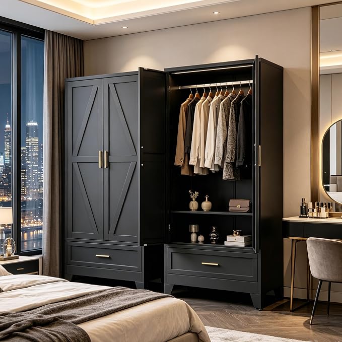 71" H Metal Armoire Wardrobe Closet with Drawers, Black Wardrobe Closet with Doors and Shelves,Tall Wardrobe Closet for Bedroom