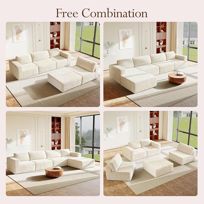 Vesgantti 159" Large Modular Sectional Sofa, L-Shaped Corduroy Cloud Couch with Deep Seats & Spring Support, 4-Seater Boneless Sofa with Movable Ottoman, No Assembly Needed, Beige