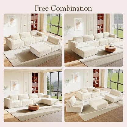 Vesgantti 159" Large Modular Sectional Sofa, L-Shaped Corduroy Cloud Couch with Deep Seats & Spring Support, 4-Seater Boneless Sofa with Movable Ottoman, No Assembly Needed, Beige