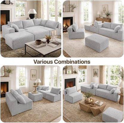 Claiks 120" Boneless Couch, Cloud Couch Sectional, U-Shape Corduroy Modular Sectional Sofa Deep Seat, Upholstered Couches for Living Room, No Assembly Required, Light Grey