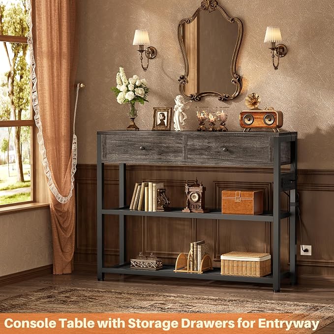 Ecoprsio Entryway Table with Outlets and USB Ports, Small Console Table with 2 Drawers, Sofa Table with Storage Shelves for Living Room, Couch, Hallway, Foyer, Kitchen Counter, 32'', Grey Oak