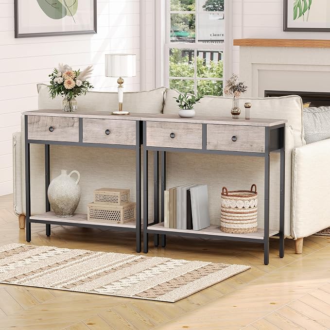 HOOBRO 29.5" Narrow Console Table with 2 Fabric Drawers, Small Entryway Table with 2-Tier Storage Shelves, Sofa Table, Behind Couch Table, for Living Room, Hallway, Greige and Black BG71XG01