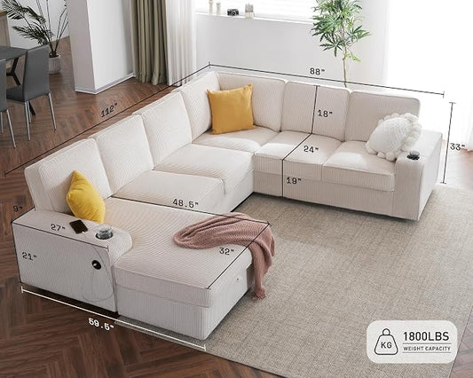 AMERLIFE 112 Inch U Shaped Couch, Oversized Couch with Storage Chaise & Cup Holders, Sectional Sofa with USB & Type-C Charging Ports, Corduroy Beige
