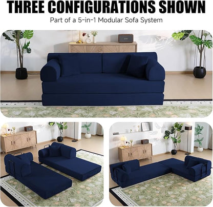 78.8" Memory Foam Boneless Couch, Corduroy Floor Sofa Bed, Convertible Sleeper Futon Loveseat, Wide Armrests & Back Support, Supports Up to 1200 lbs, Couch in a Box with 2 Pillows, Navy Blue