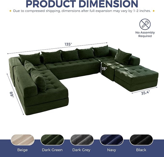 MAXYOYO Modular Sectional Sofa Couch, Foldable Oversized U Shaped Cloud Couch with Pillows, Tufted Boneless Lounger Floor Sofa Bed for Living Room, No Assembly Required, Dark Green