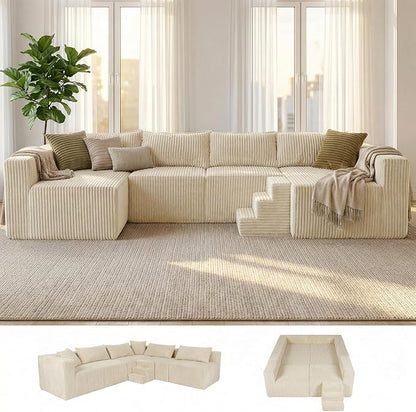 128" U-Shaped Modular Sofa, Modern Cloud Couch with Double Chaise, Sectional Boneless Couch with Pillows, Deep Seat Sofa for Living Room Bedroom, No Assembly Required, Khaki