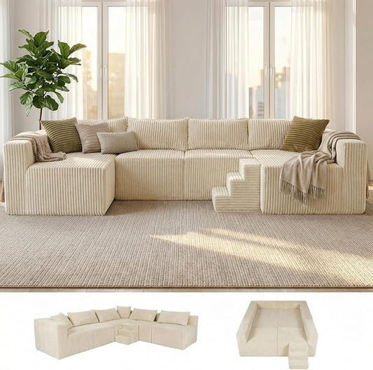 128" U-Shaped Modular Sofa, Modern Cloud Couch with Double Chaise, Sectional Boneless Couch with Pillows, Deep Seat Sofa for Living Room Bedroom, No Assembly Required, Khaki