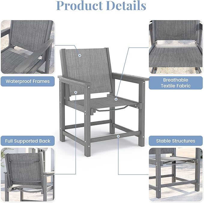 Amopatio HDPE Patio Dining Chair Set of 2 with Armrests - Textilene Outdoor Chair with Wide Seat for Poolside, All Weather UV Resistant Heavy Duty Patio Chair for Backyard Balcony & Deck(Gray)