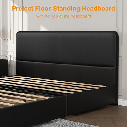 GarveeHome Modern Upholstered Platform Bed Frame with Headboard and Storage Drawers – PU Black Faux Leather, Sturdy Wooden Slats, Noise-Free, Easy Assembly – Queen Size, PU Black