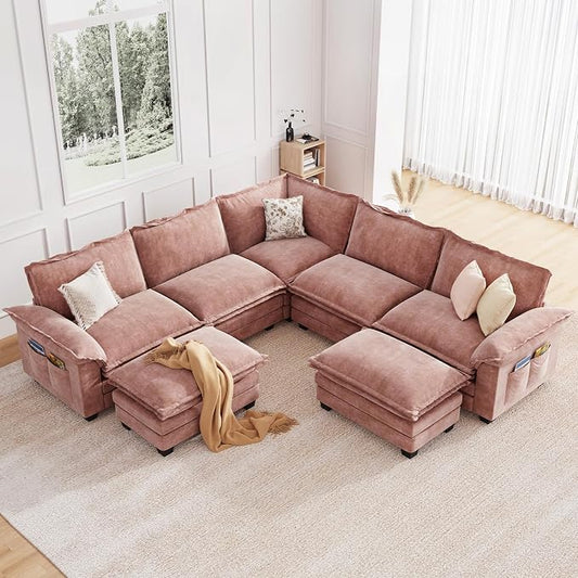 KKL Modular Sectional Sofa, Large V Shape 7 Seater Modern Sectional Couch with Ottoman, Couches for Living Room, Cloud Couches Chenille for Apartment, Home, Pink
