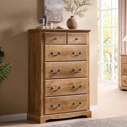 T4TREAM Farmhouse Dresser and Nightstand Sets of 3, 48" Tall 6 Drawers Dresser & 2-Drawer Nightstands Set, Wood Bedroom Furniture Set for Home, Hallway, Bedroom, Light Knotty Oak