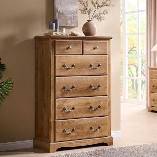 T4TREAM Farmhouse Dresser and Nightstand Sets of 3, 48" Tall 6 Drawers Dresser & 2-Drawer Nightstands Set, Wood Bedroom Furniture Set for Home, Hallway, Bedroom, Light Knotty Oak