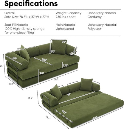 ZEIINPA Convertible Sleeper Sofa Bed with Cylindrical Pillow, Corduroy Folding Mattress Couch with Fixed-Shape Frame, Floor Sofa Lounge Couch for Living Room Bedroom Lounge Studio-Green