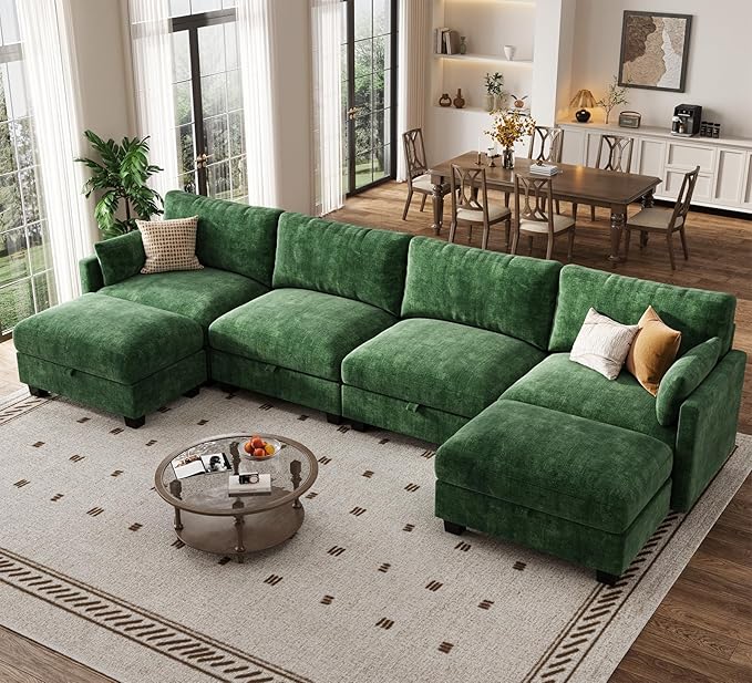 Modular Sectional U Shaped Sofa Couches for Living Room, Cloud Couch with Storage Ottoman, Comfy Chenille Sofa with Pillow, Green