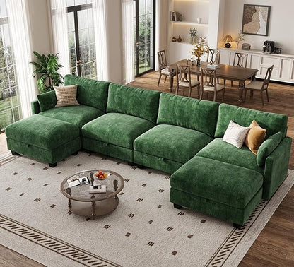 Modular Sectional U Shaped Sofa Couches for Living Room, Cloud Couch with Storage Ottoman, Comfy Chenille Sofa with Pillow, Green