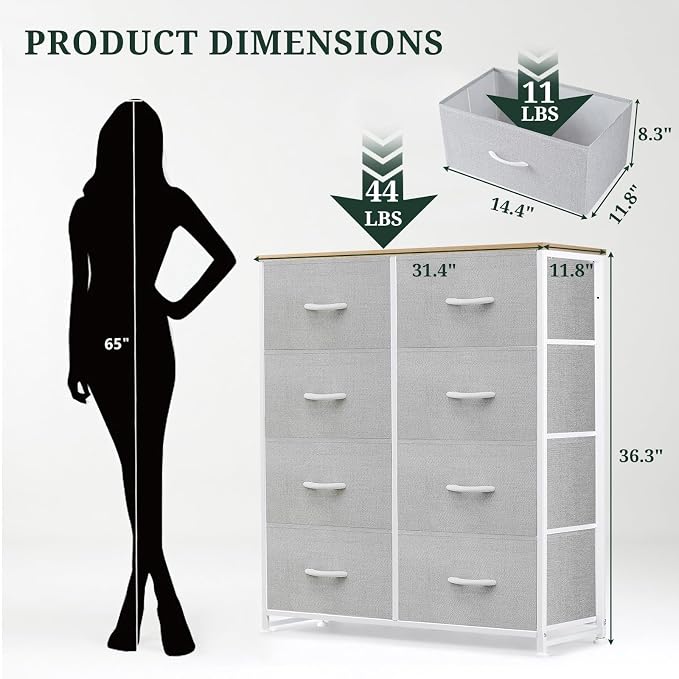 8-Drawer Dresser for Bedroom, Anti-Tip Tall Storage Organizer Chest of Drawers with Wooden Top and Metal Frame Fabric Bins for Closet, Living Room, Hallway, Entryway, Light Gray