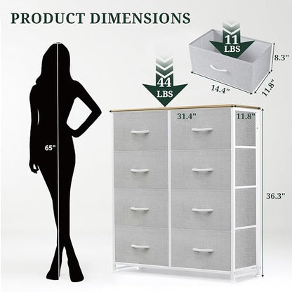 8-Drawer Dresser for Bedroom, Anti-Tip Tall Storage Organizer Chest of Drawers with Wooden Top and Metal Frame Fabric Bins for Closet, Living Room, Hallway, Entryway, Light Gray