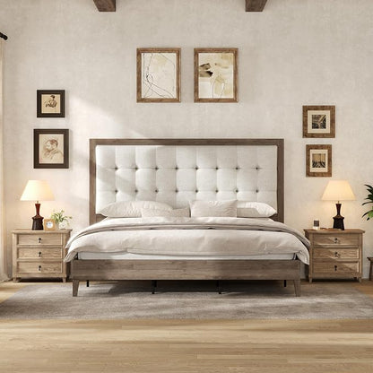 AMERLIFE Queen Bed Frame with Headboard, Solid Wooden Bed Frame Queen Size Platform Bed Mid-Century Style, No Box Spring Required, Ash Gray