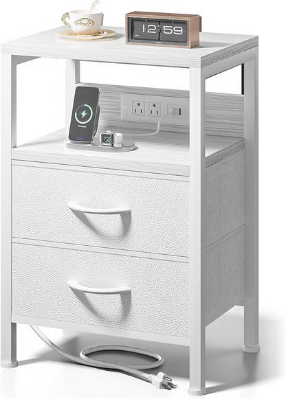 Lazzanto NightStand Bedside Charging Table Bedroom - Night Stand with Charger Station, White Modern Bed Side End Table with Open Shelf & 2 Fabric Drawers, USB-C Port & AC Outlets for Dorm, Living Room