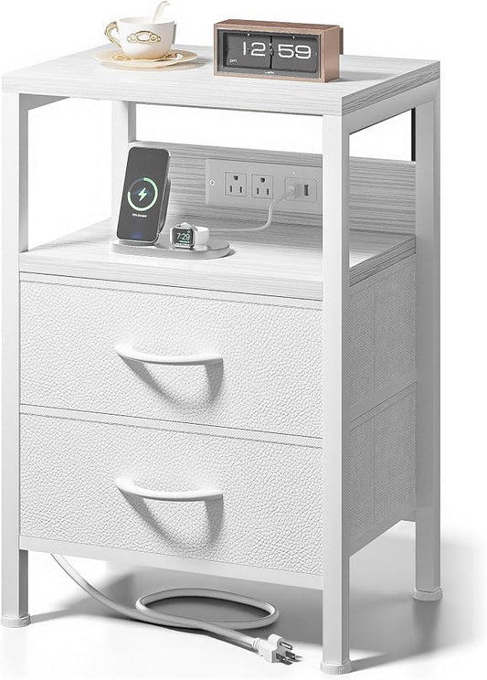 Lazzanto NightStand Bedside Charging Table Bedroom - Night Stand with Charger Station, White Modern Bed Side End Table with Open Shelf & 2 Fabric Drawers, USB-C Port & AC Outlets for Dorm, Living Room