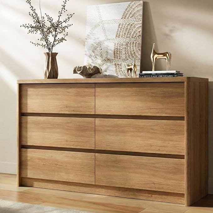 3 Pieces of Dresser and Nightstand Set,47.2" Width 6-Drawer Dresser & 2-Drawer Nightstands Set of 2,Nightstand with USB&Type C Charging Station&Outlets, Modern Design for Bedroom,Natural Oak