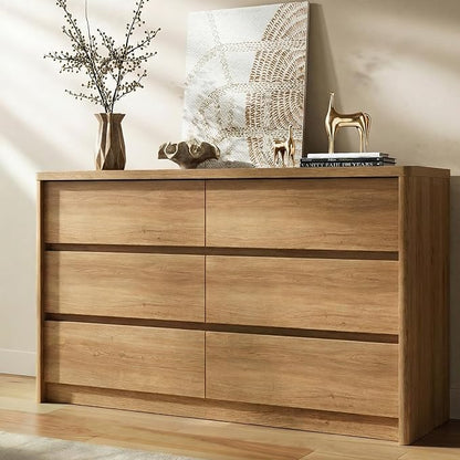 3 Pieces of Dresser and Nightstand Set,47.2" Width 6-Drawer Dresser & 2-Drawer Nightstands Set of 2,Nightstand with USB&Type C Charging Station&Outlets, Modern Design for Bedroom,Natural Oak