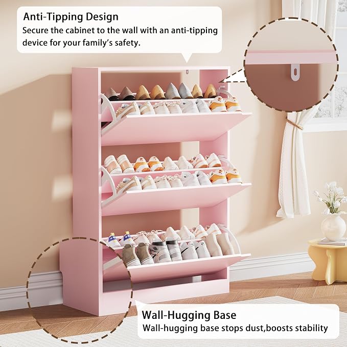 Shoe Storage Cabinet, Wood Shoe Organizer for Entryway with 3 Flip Drawers, Freestanding Shoe Rack with Adjustable Shelf, Narrow Shoe Dresser for Front Door Entrance (Pink, 3 Drawers)