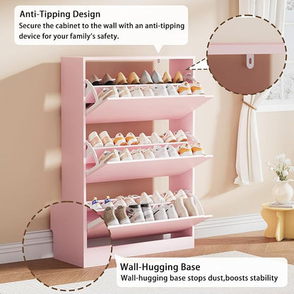 Shoe Storage Cabinet, Wood Shoe Organizer for Entryway with 3 Flip Drawers, Freestanding Shoe Rack with Adjustable Shelf, Narrow Shoe Dresser for Front Door Entrance (Pink, 3 Drawers)