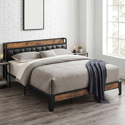 LIKIMIO King Bed Frame, Storage Headboard with Charging Station, Solid and Stable, Noise Free, No Box Spring Needed, Easy Assembly (Vintage and Black)