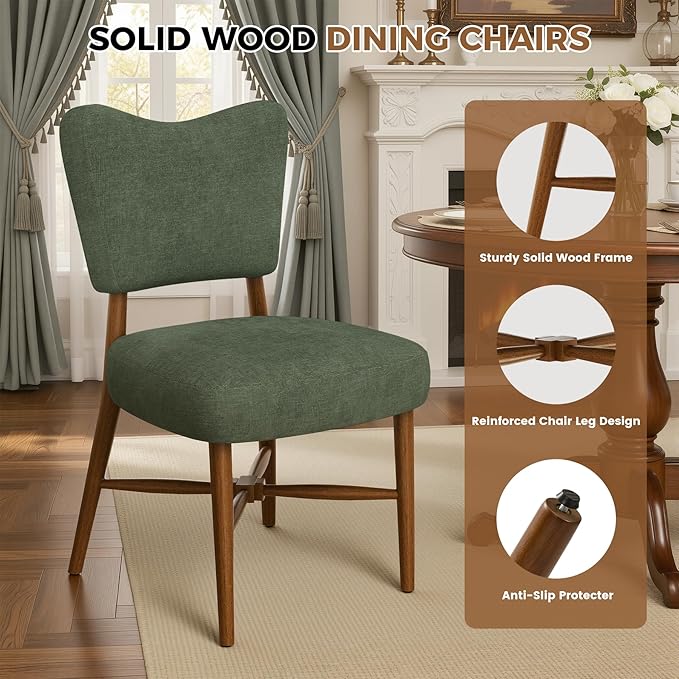 Farmhouse Dining Chairs Set of 2, Linen Seat, Wood Legs, Green | Mid Century Modern, Upholstered Padded Cushion, Solid Wood Cross-Brace, Easy 15-Min Assembly, Kitchen Dining Room