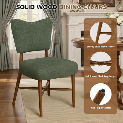 Farmhouse Dining Chairs Set of 2, Linen Seat, Wood Legs, Green | Mid Century Modern, Upholstered Padded Cushion, Solid Wood Cross-Brace, Easy 15-Min Assembly, Kitchen Dining Room