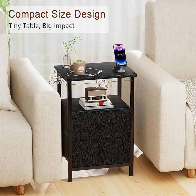 LOAKEKEL Nightstands Set of 2, Night Stand with 2 Fabric Drawers, Bed Side Table with Open Storage Shelf for Bedroom, Small End Tables Living Room, Black, HETS002BK