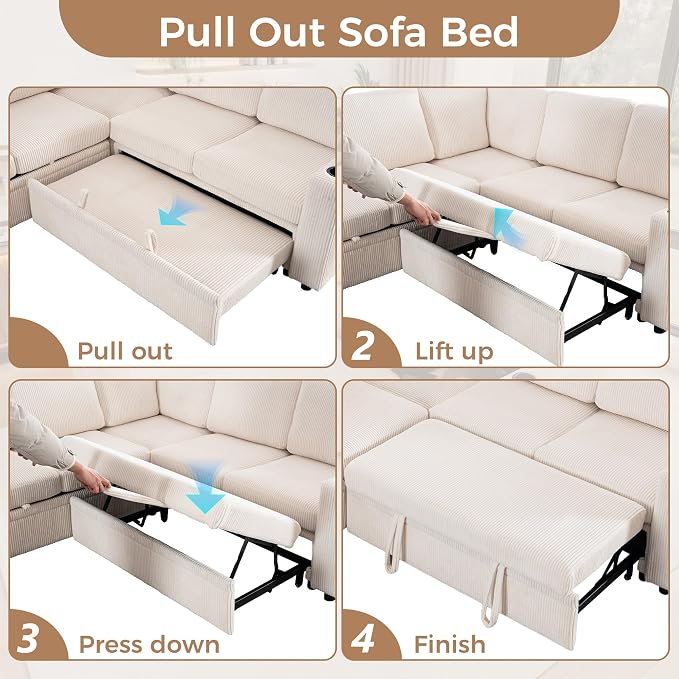 Sectional Sleeper Sofa with Pull Out Bed, Plush Corduroy L Shaped Corner Couch with Storage, USB Ports, Cup Holders, Comfy Sectional Couches for Living Room, White