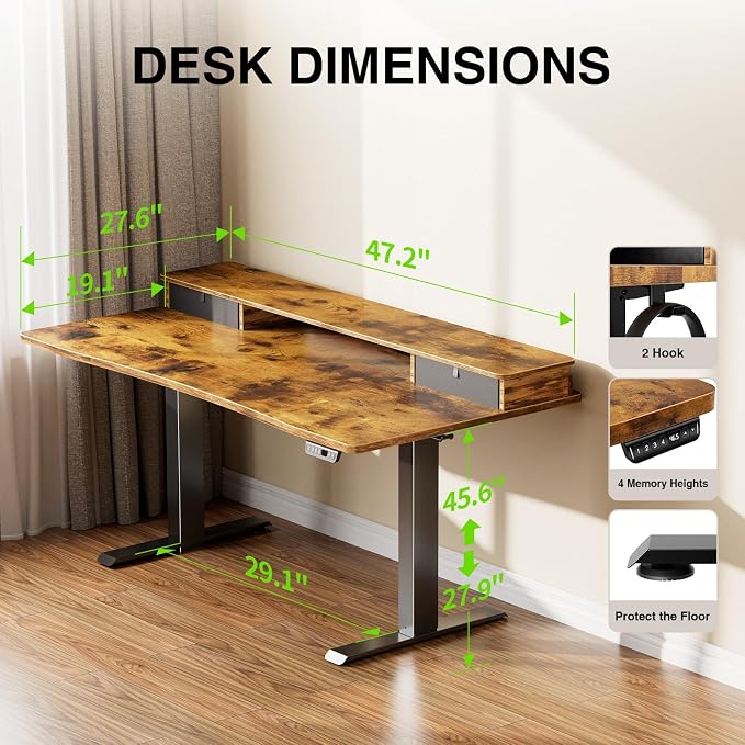 Veken 47.2"×27.6" Standing Desk with Storage Drawers, Adjustable Height Computer Table with Monitor Shelf, Home Office Desk for Study, Gaming, Workstation, Brown | Stand up Computer Desk for Home Office, Work & Study, with Storage, 3 Memory Presets, Ca...