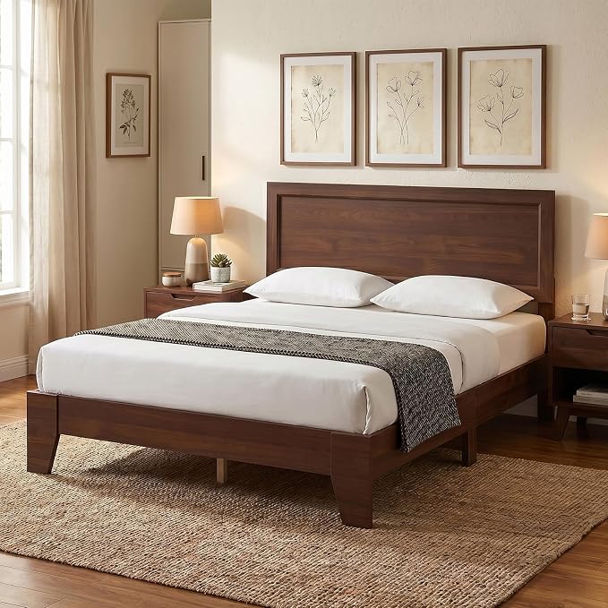 KOMFOTT Full Size Bed Frame, Mid-Century Modern Platform Bed with Headboard, Wooden Slat Support Mattress Foundation, Under-Bed Storage Space, No Box Spring Needed (Walnut,Full)