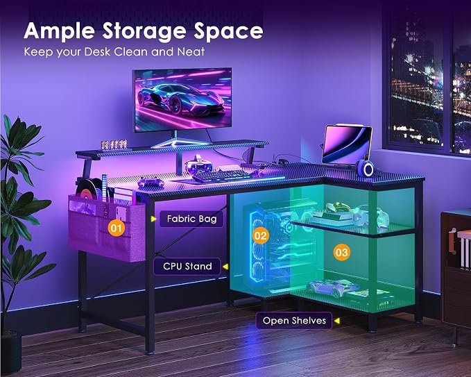 ODK 40 Inch Gaming Desk with USB Power Outlets and LED Lights, Reversible L Shaped Computer Desk with Storage Shelves & Monitor Stand, Corner Home Office Desk Table, Carbon Fiber Surface, Black