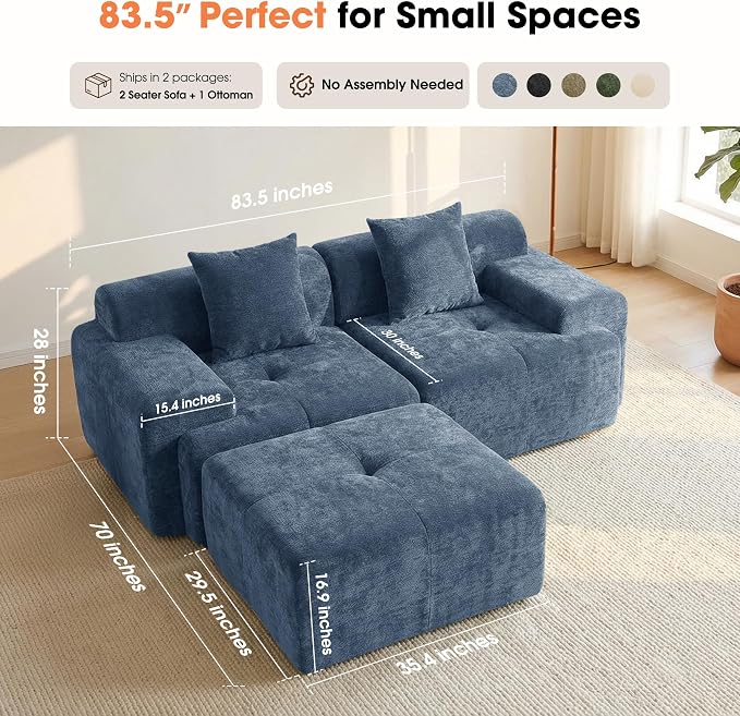 83.5" Boneless Loveseat with Ottoman, 30" Deep Seat Modular Sofa, Cloud Comfy Couches for Living Room, Apartment, Bedroom, No Assembly Required (Blue)