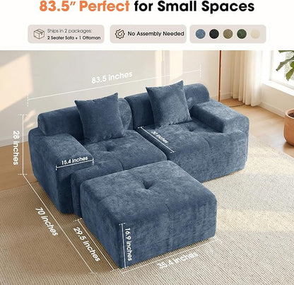 83.5" Boneless Loveseat with Ottoman, 30" Deep Seat Modular Sofa, Cloud Comfy Couches for Living Room, Apartment, Bedroom, No Assembly Required (Blue)