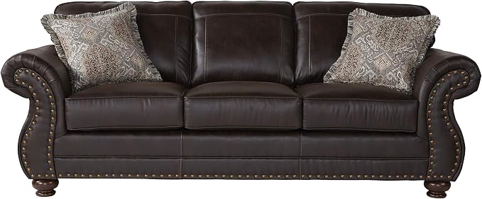 Leinster Faux Leather Sofa with Antique Bronze Nailheads in Espresso