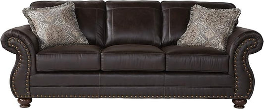 Leinster Faux Leather Sofa with Antique Bronze Nailheads in Espresso