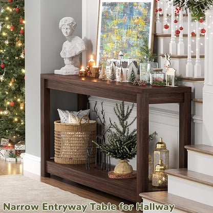 Besiost 47" Farmhouse Wood Entryway Table Narrow Console Table with Storage Behind Couch Sofa Table with Shelves Entry Way Tables with Open Storage, Easy Assembly, Black Walnut