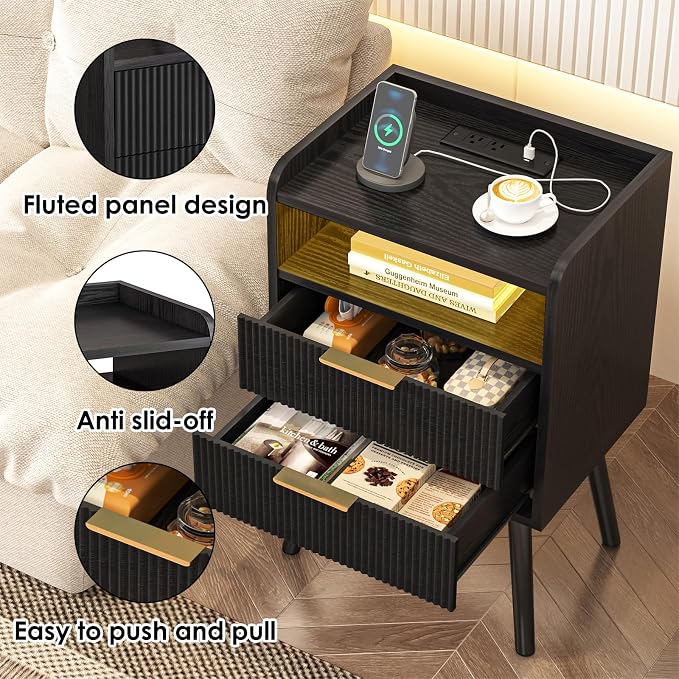Fixwal Black Fluted Nightstand with Charging Station, LED Night Stand with 2 Wood Drawers for Bedroom, Modern Bedside Table, 15.7 x 11.8 x 25.6in