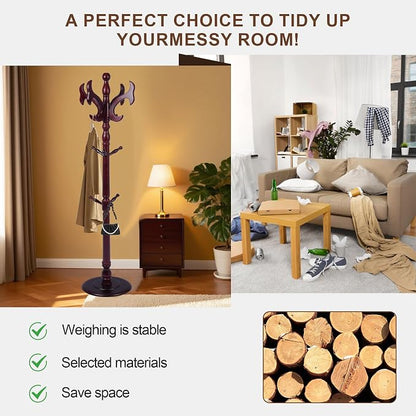 Wooden Coat Rack Freestanding with 14 Hooks, Adjustable Height Coat Tree Free Standing Heavy Duty for Entryway, Easy Assembly Solid Wood Sturdy Coat Hats Hanger Stand for Office Hallway Bedroom