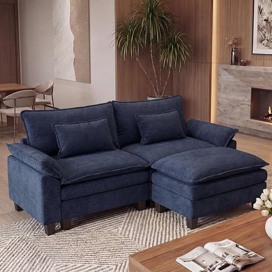 URRED Oversized Modular Sectional Sofa, 87" L Shaped Modern Comfy Cloud Couch with Movable Ottoman & Pillows, Deep Seat Couches for Living Room, Bedroom or Apartment (Corduroy Blue, 87" L Shaped)