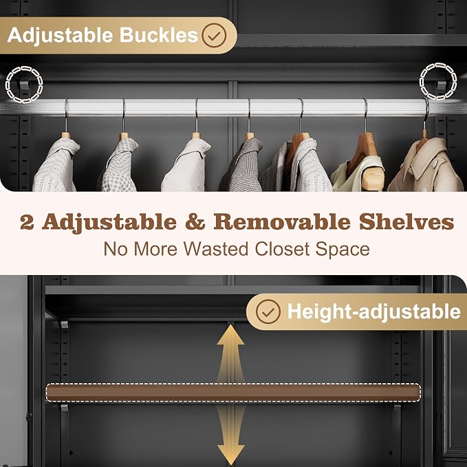 71" Black Metal Wardrobe Closet with Full-Length Mirror, 18" Deep Steel Armoire Clothes Storage Cabinet with Sturdy Hanging Rod & Adjustable Shelves for Bedroom Home Office